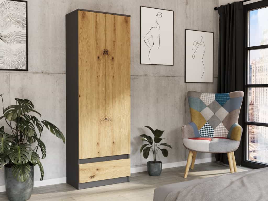 Regál s policami uzatvárateľný so zásuvkou antracit mix Artisan 60 x 35 cm - moderný b4
