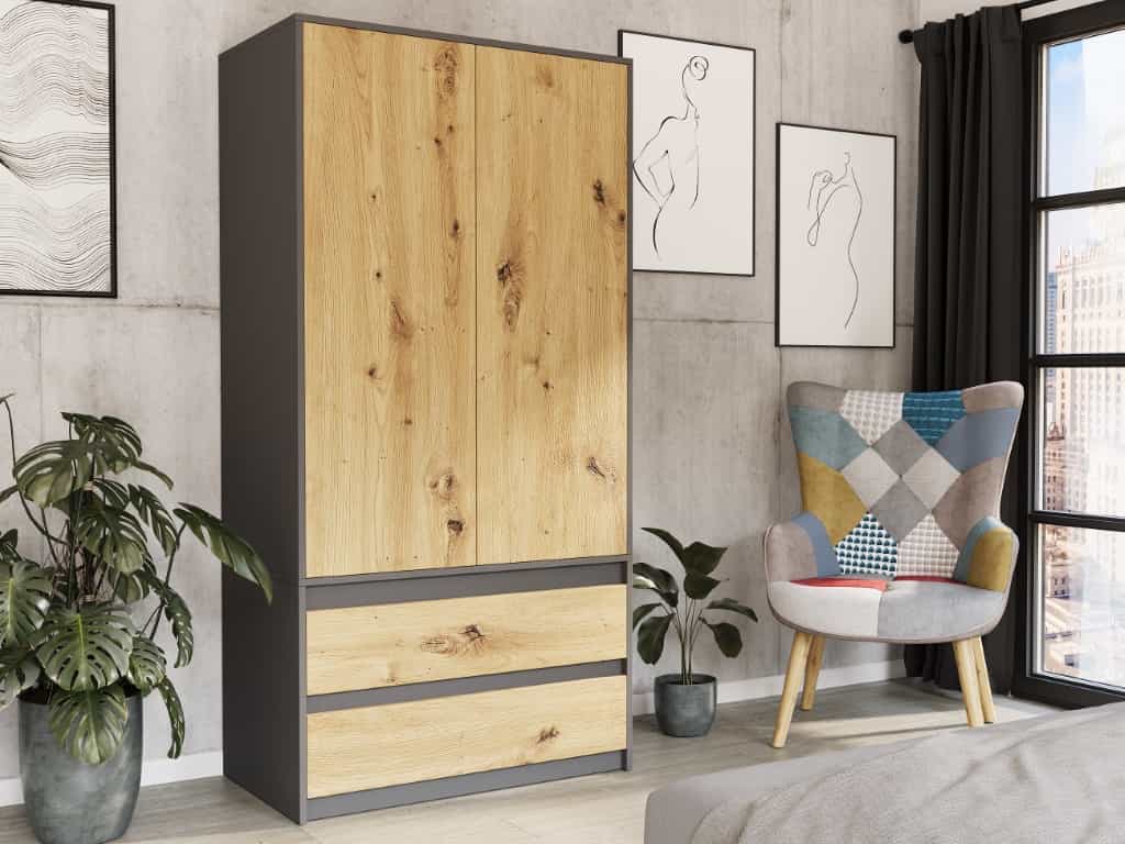Skriňa s policami a zásuvkami Antracit Mix Artisan 90 x 180 cm - Nová