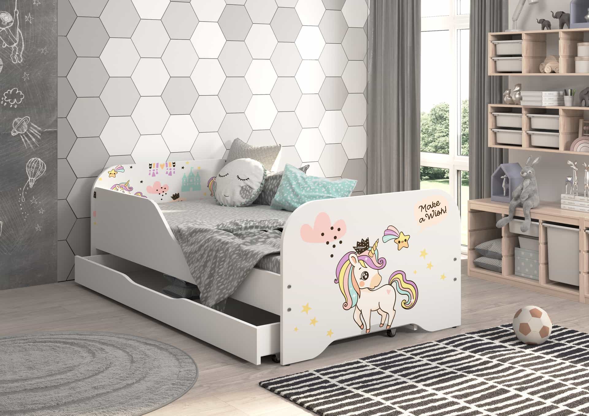 Profilovaná posteľ MIKI 140cm JEDNOROŽEC RAINBOW s matracom