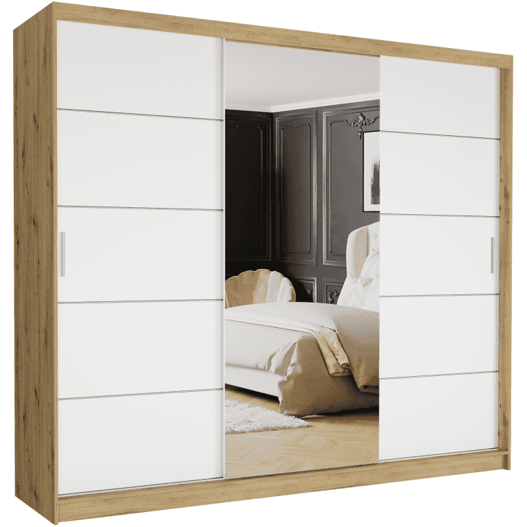 Posuvná skriňa Norvio I 250 cm artisan so zrkadlom 3-dverová biele strieborné priečky