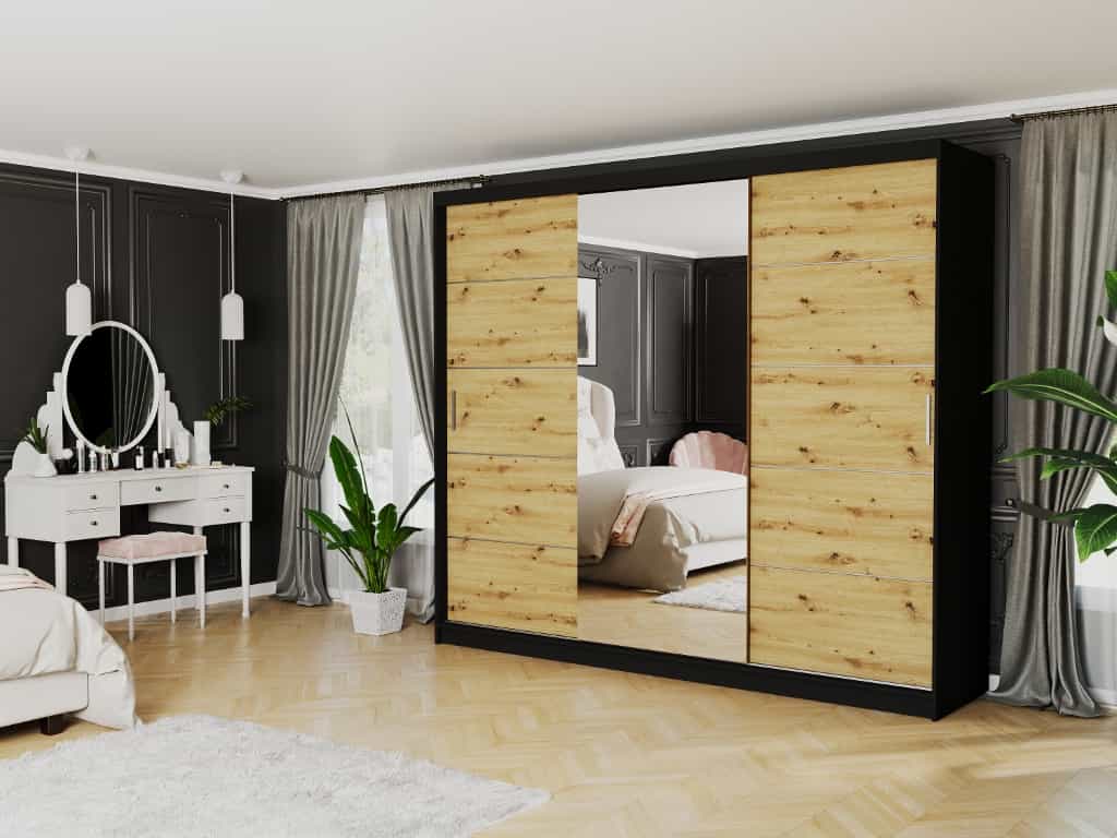 Veľká posuvná skriňa so zrkadlom 250 x 218 x 60 cm dub artisan mix čierna - NORVIO I