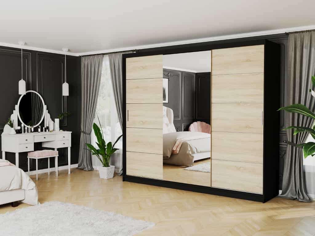 Posuvná skriňa Norvio I 250cm čierna so zrkadlom 3-dverová sonoma strieborné priečky