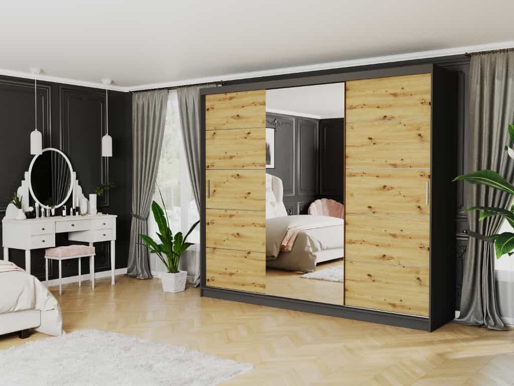 Posuvná skriňa Norvio I 250 cm antracit s zrkadlom 3-dverová artisan strieborné priečky