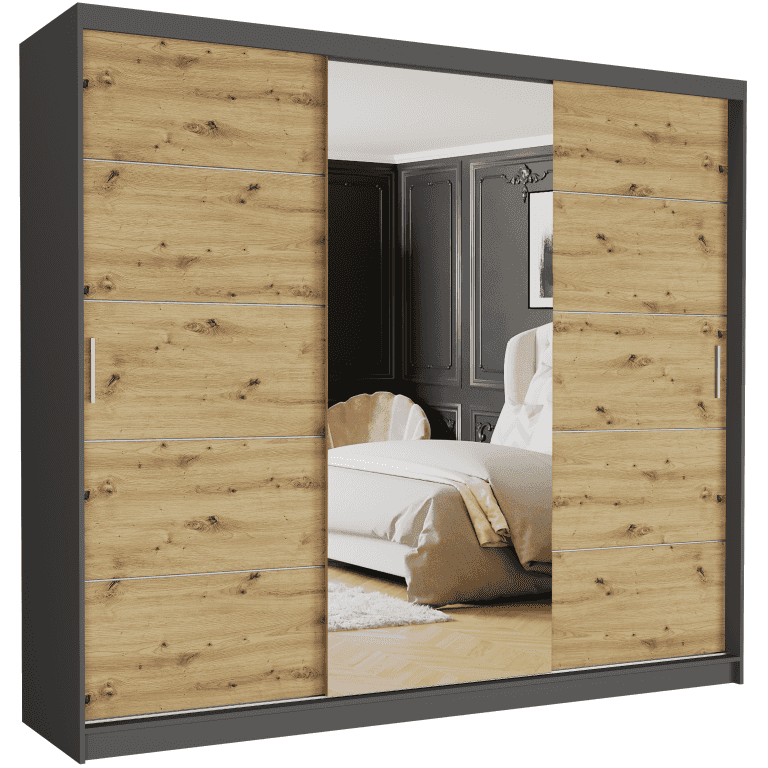Posuvná skriňa Norvio I 250 cm antracit s zrkadlom 3-dverová artisan strieborné priečky
