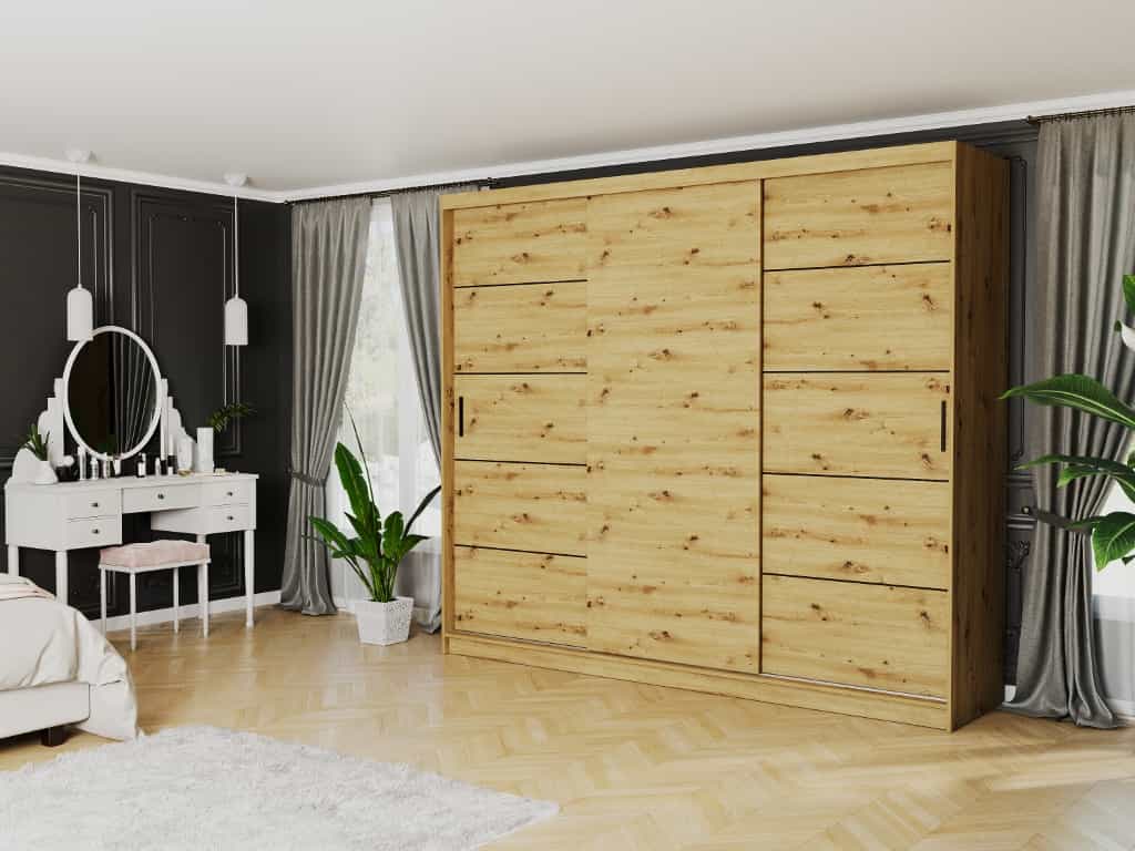 Posuvná skriňa Norvio IV 250 cm artisan 3-dverová artisan čierne priečky
