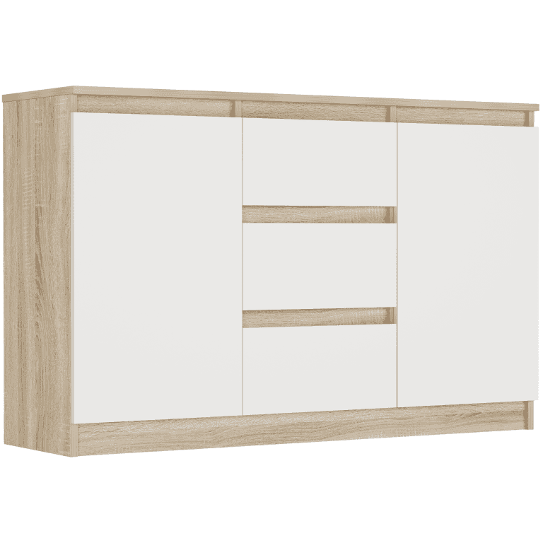 Komoda sonoma mix biela 120x76x33 cm, 3 zásuvky a 2 dvere, Framire R-120-S3