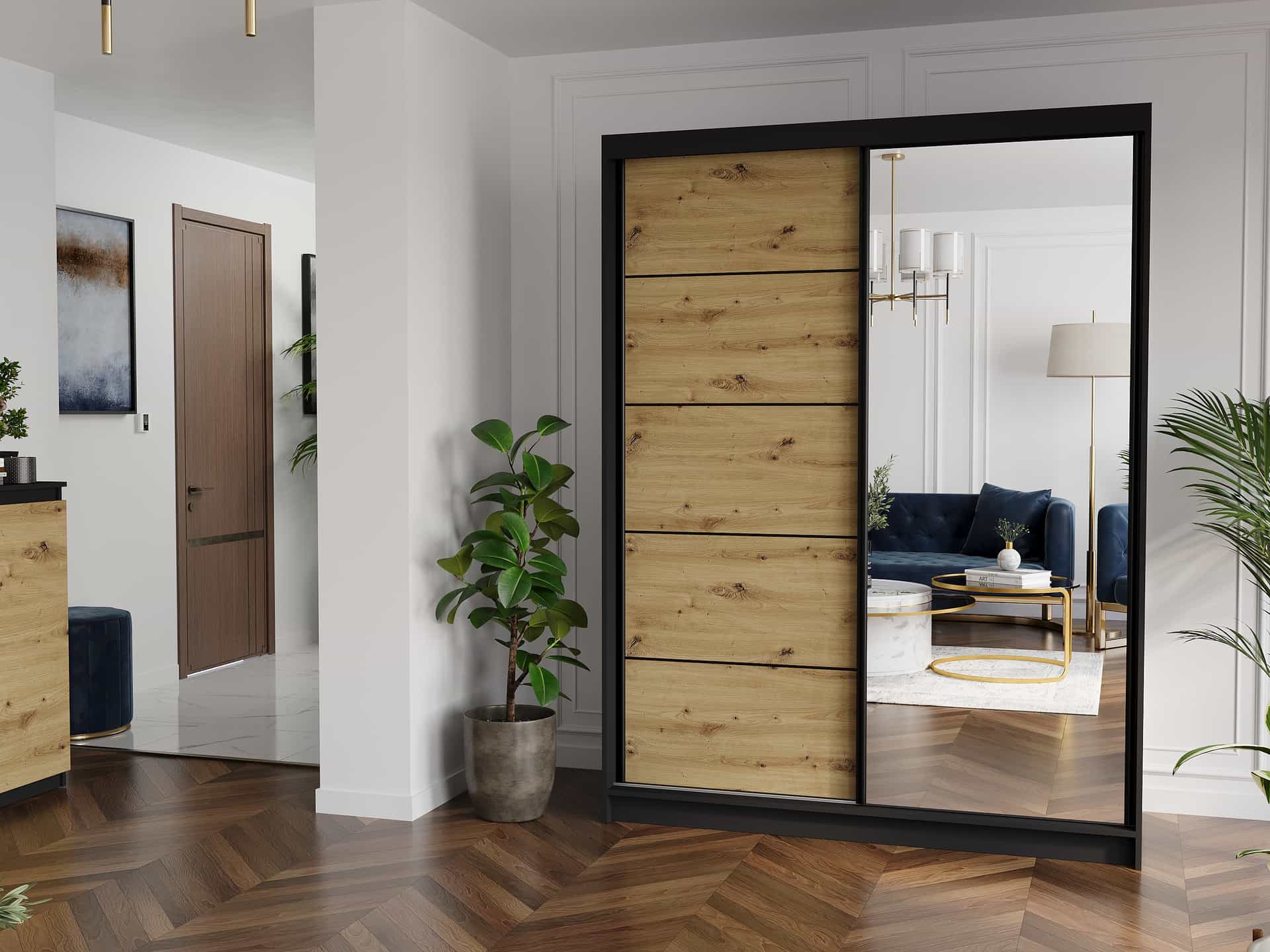 Posuvná skriňa Rivano IA 150 cm čierna s zrkadlom 2-dverová artisan čierne priečky