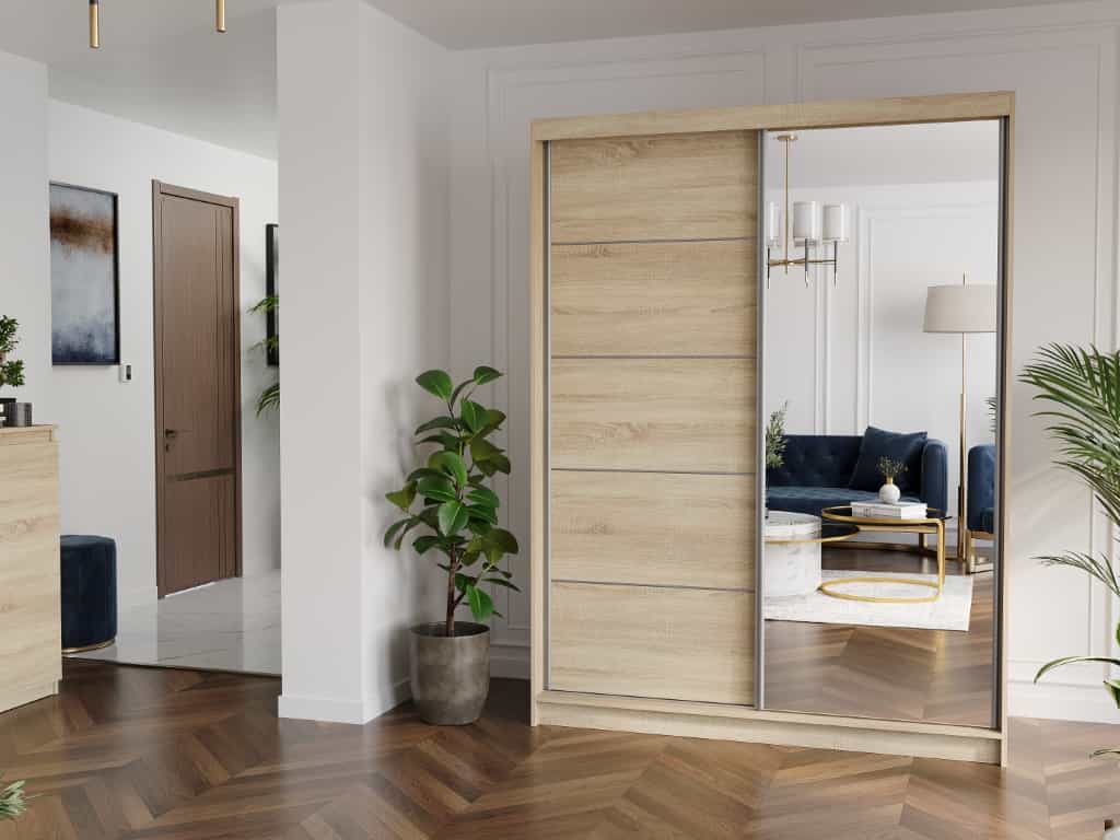 Posuvná skriňa Rivano I 150 cm sonoma so zrkadlom 2-dverová sonoma strieborné priečky