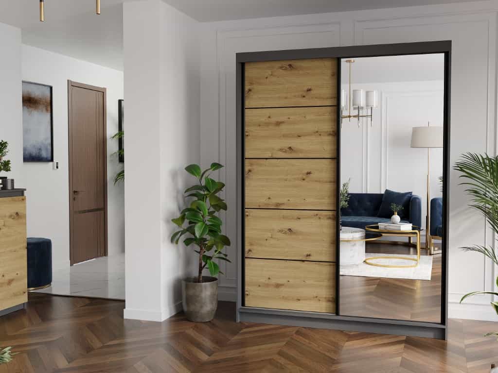 Posuvná skriňa Rivano IA 150 cm antracit s zrkadlom 2-dverová artisan čierne priečky