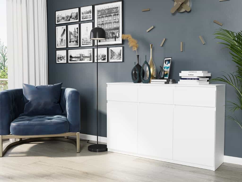 Trojdverová komoda so zásuvkami a skrinkami, biela farba, rozmery 120 x 40 x 98 cm - Modern S3