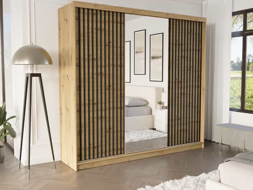 Posuvná skriňa Selvio II 233 cm artisan s zrkadlom 3-dverová artisan čierne lamely