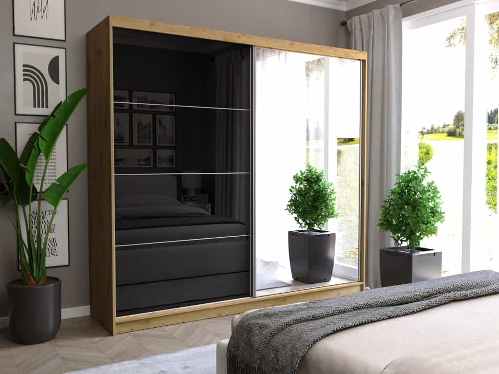 Posuvná skriňa Selvio III 233cm artisan so zrkadlom 2-dverová čierna pololesklá so striebornými priečkami