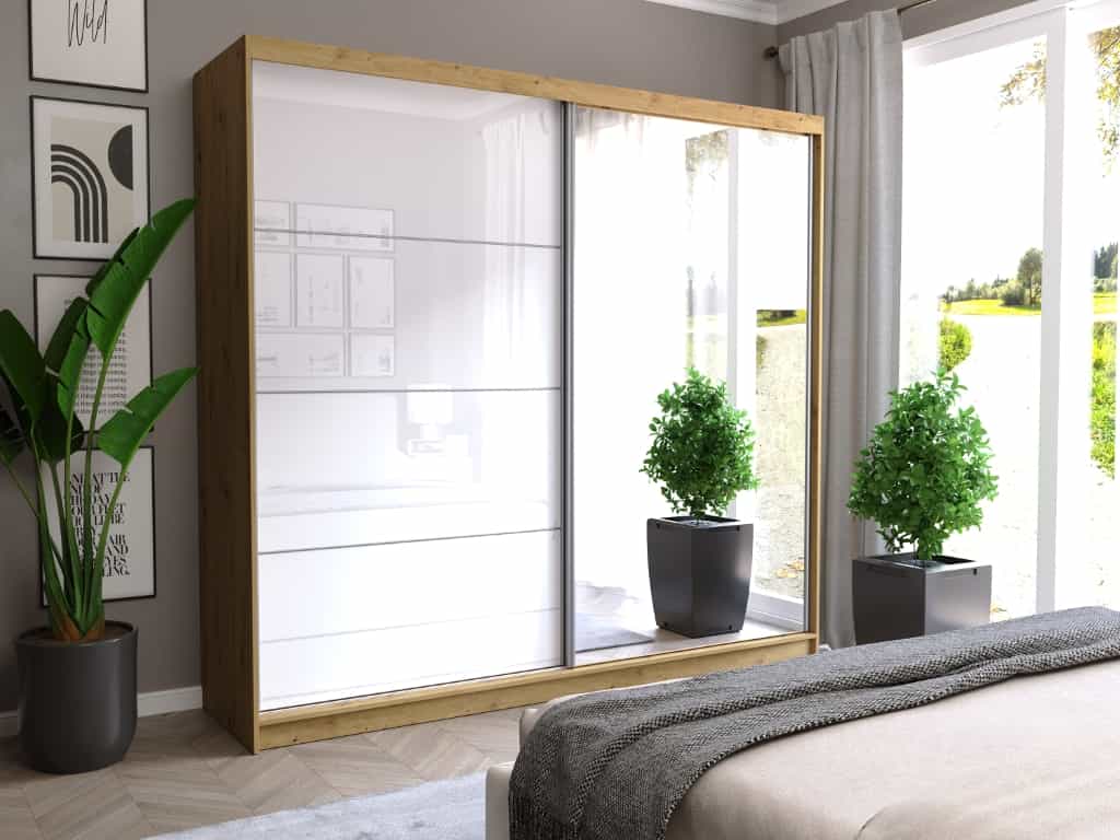 Posuvná skriňa Selvio IV 233 cm artisan so zrkadlom 2-dverová biela pololesklá so striebornými priečkami