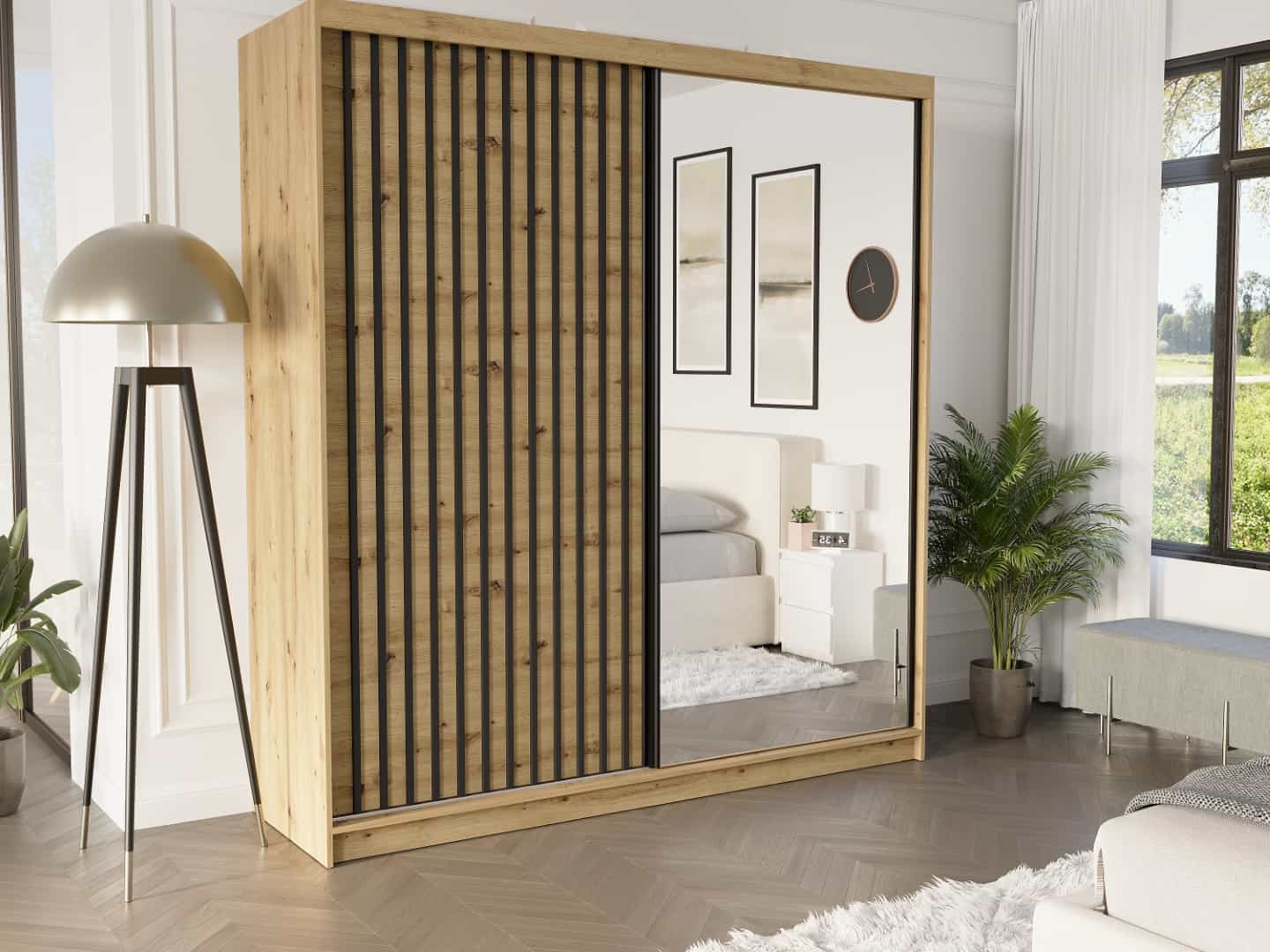 Posuvná skriňa Tivaro I 203 cm artisan s zrkadlom 2-dverová artisan čierne lamely