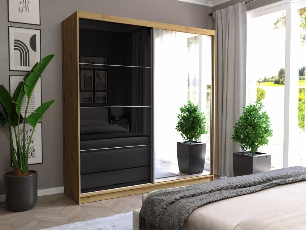 Posuvná skriňa Tivaro III 203 cm artisan so zrkadlom 2-dverová čierna pololesklá so striebornými priečkami