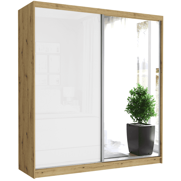 Posuvná skriňa Tivaro V 203 cm artisan s zrkadlom 2-dverová biela pololesk