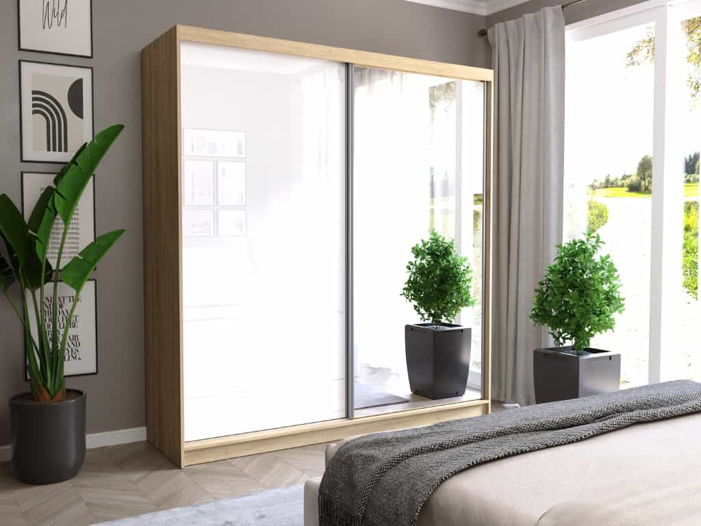 Posuvná skriňa Tivaro V 203 cm sonoma s zrkadlom 2-dverová biela pololesk