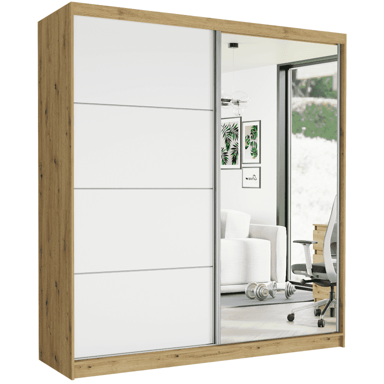 Posuvná skriňa Tivaro VII 203 cm artisan so zrkadlom 2-dverová biela strieborné priečky