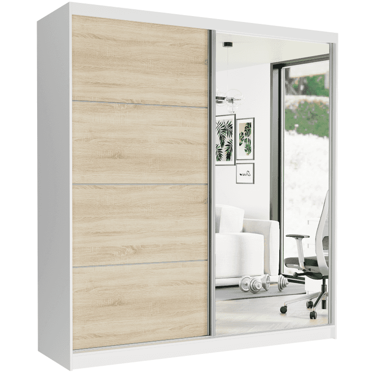 Posuvná skriňa Tivaro VIII 203 cm biela so zrkadlom 2-dverová sonoma strieborné priečky