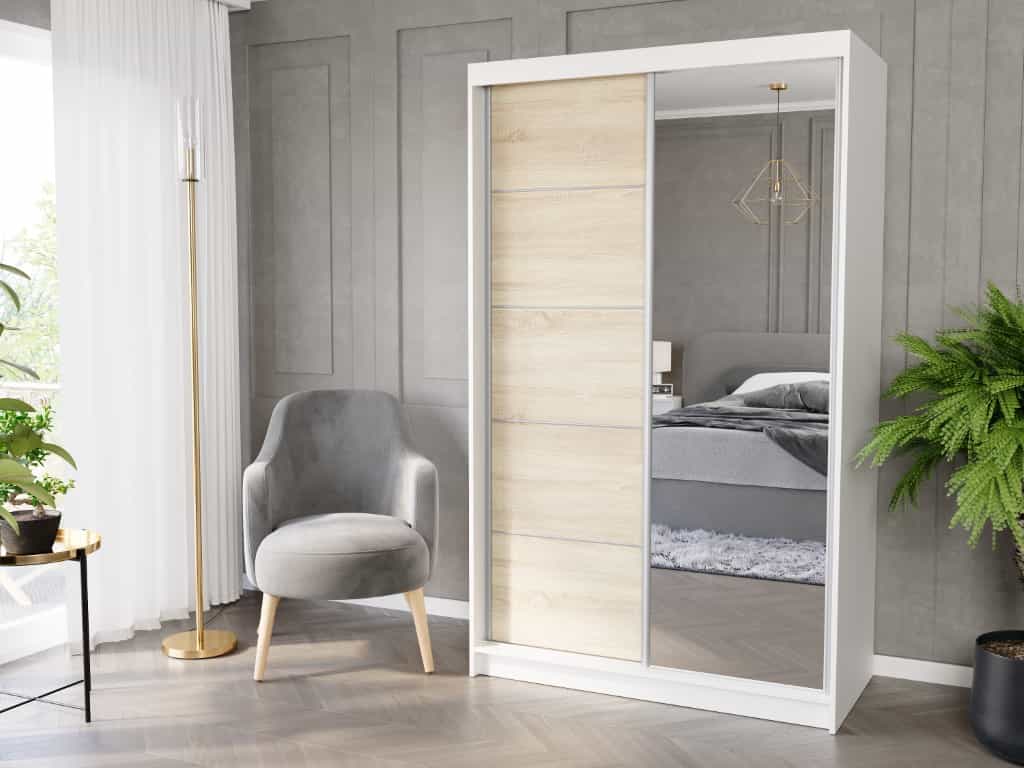 Posuvná skriňa Vega I 120 cm biela so zrkadlom 2-dverová sonoma strieborné priečky