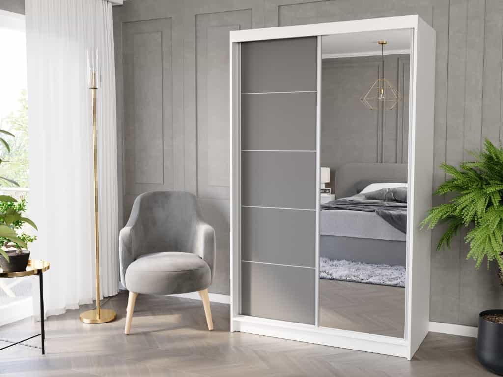 Posuvná skriňa Vega I 120 cm biela so zrkadlom 2-dverová antracitové strieborné priečky