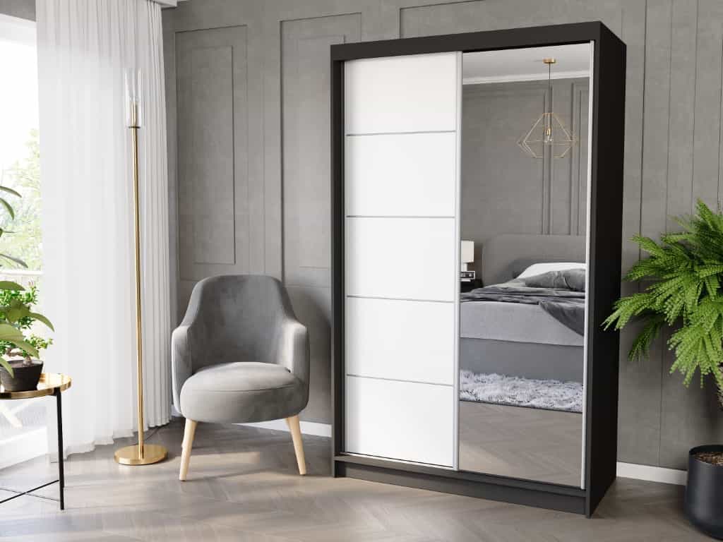 Posuvná skriňa Vega I 120 cm čierna so zrkadlom 2-dverová biele strieborné priečky