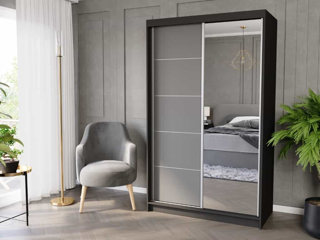 Posuvná skriňa Vega I 120 cm čierna so zrkadlom 2-dverová antracitové strieborné priečky