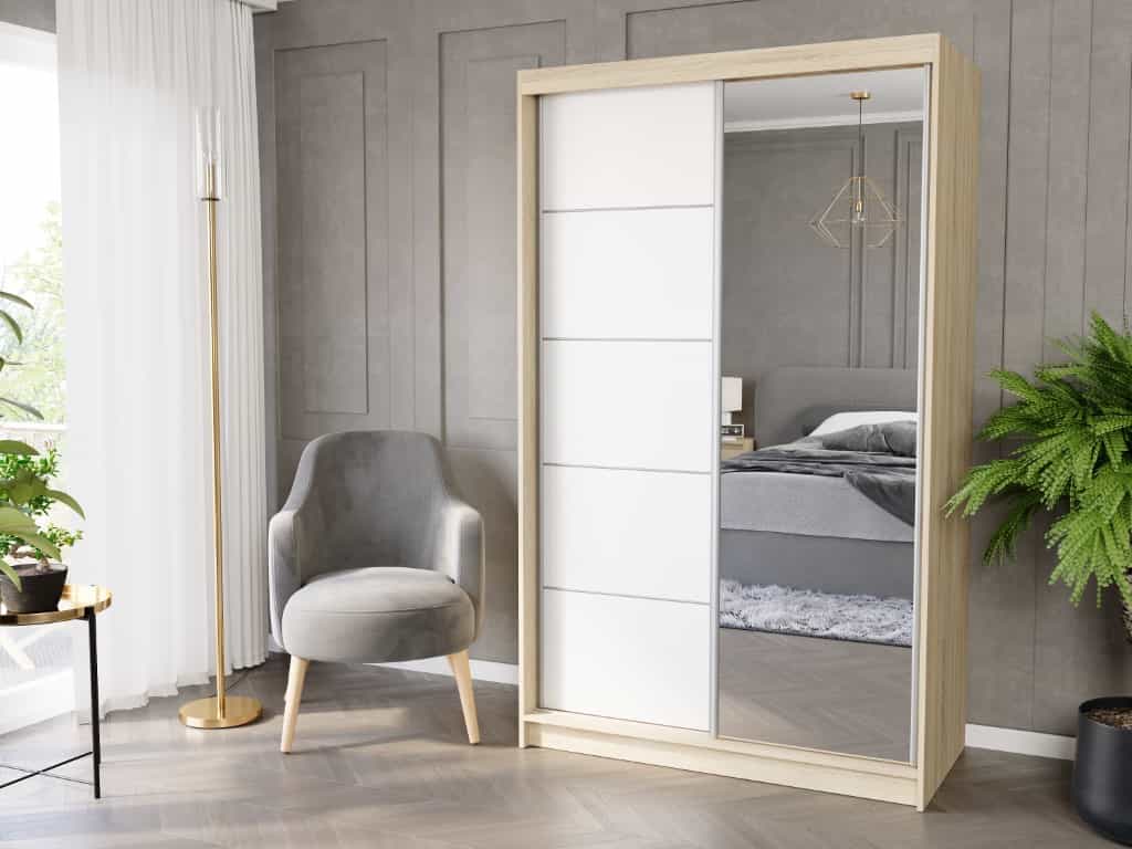 Posuvná skriňa Vega I 120 cm sonoma s zrkadlom 2-dverová biela so striebornými priečkami