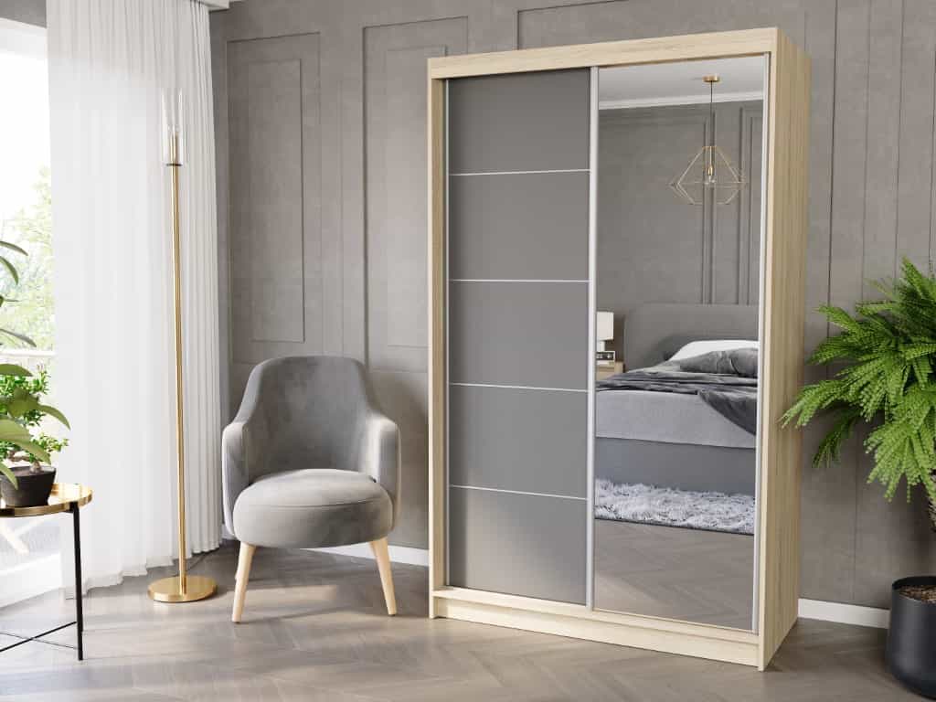 Posuvná skriňa Vega I 120 cm sonoma so zrkadlom 2-dverová antracit strieborné priečky
