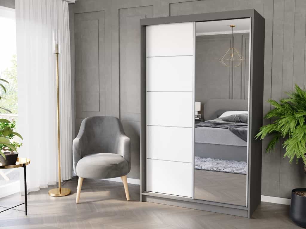 Posuvná skriňa Vega I 120 cm antracit s zrkadlom 2-dverová biela strieborné priečky