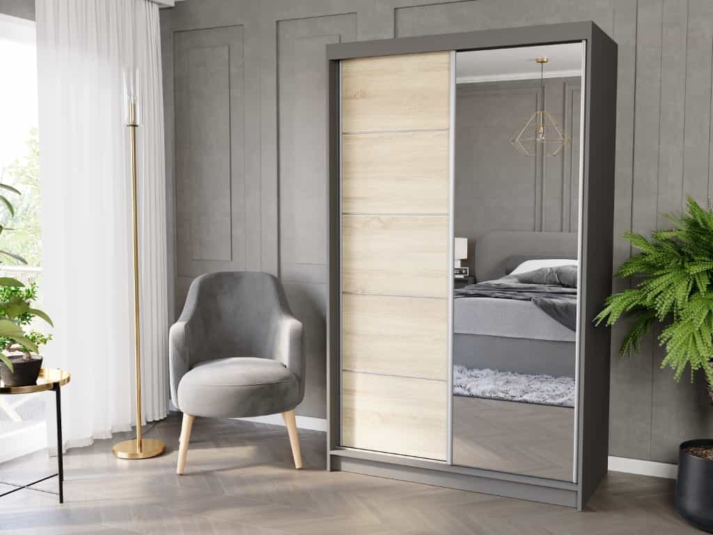 Posuvná skriňa Vega I 120 cm antracit s zrkadlom 2-dverová sonoma strieborné priečky