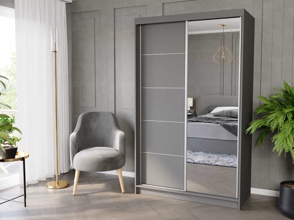 Posuvná skriňa Vega I 120 cm antracit s zrkadlom 2-dverová antracit dvere strieborné priečky