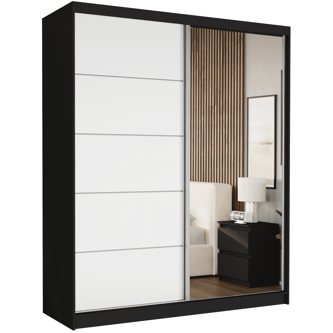 Posuvná skriňa Luna I 183 cm čierna so zrkadlom 2-dverová biela so striebornými lištami