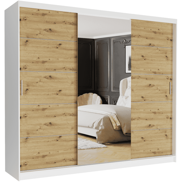 Posuvná skriňa Norvio I 250 cm biela so zrkadlom 3 dvere artisan strieborné priečky