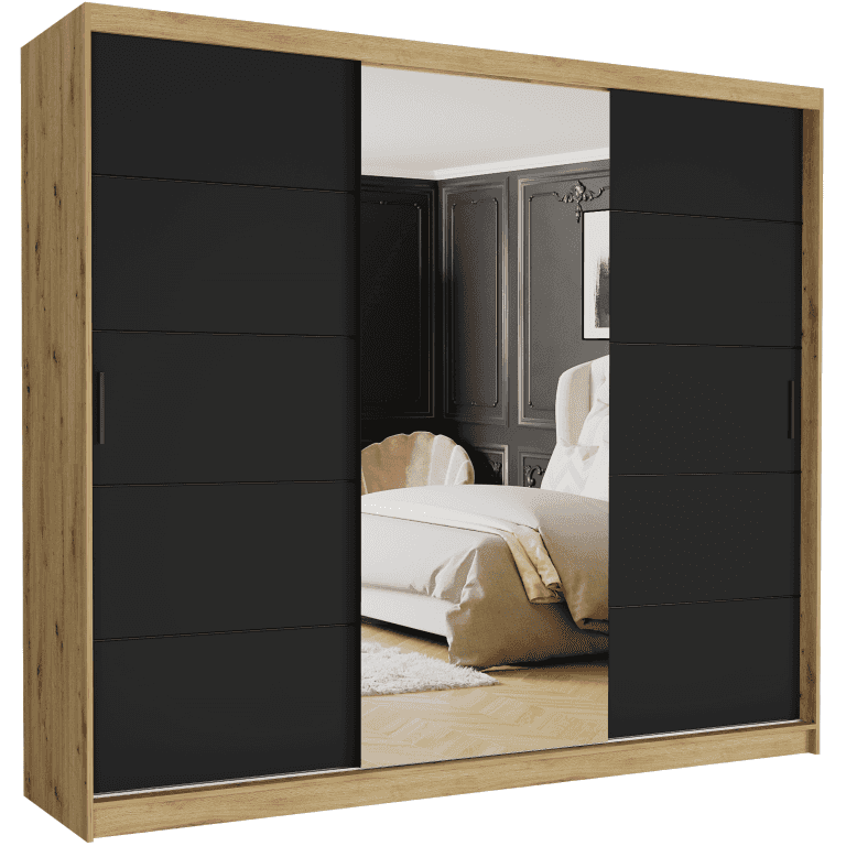 Posuvná skriňa Norvio II 250 cm artisan s zrkadlom 3-dverová čierna Čierne priečky