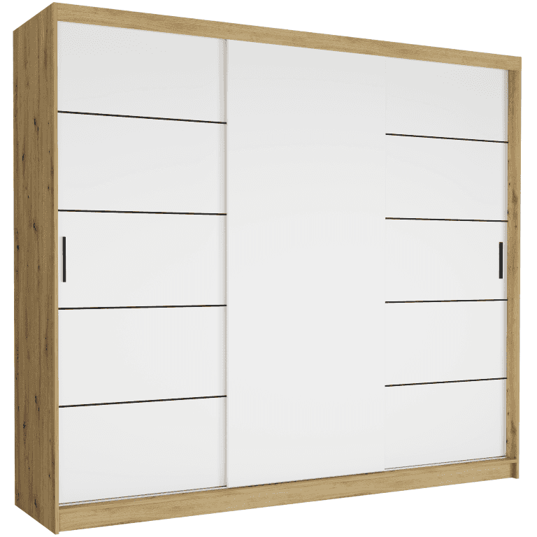 Posuvná skriňa Norvio IV 250 cm artisan 3-dverová biela čierne priečky