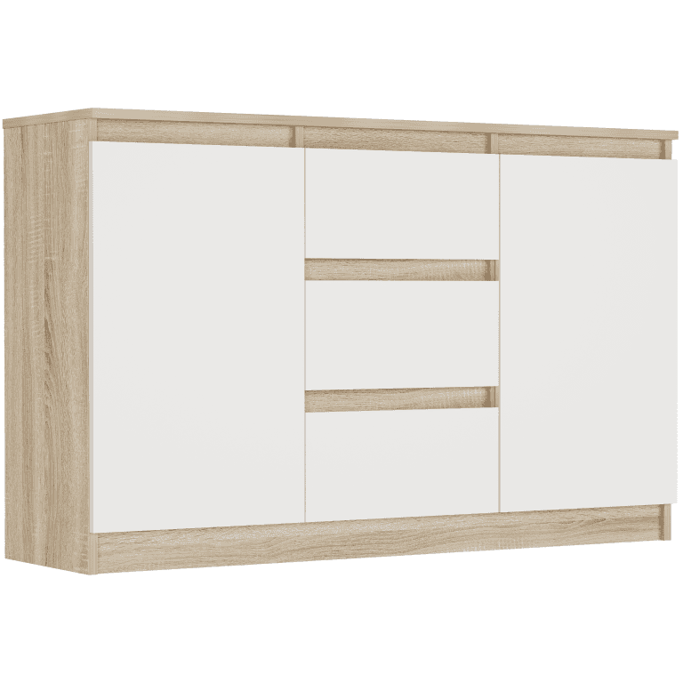 Komoda sonoma mix biela 120x76x33 cm, 3 zásuvky a 2 dvere, Framire R-120-S3