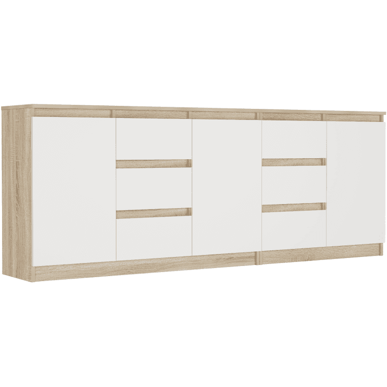 Súprava komód sonoma mix biela, 200x76x33 cm spolu (120+80 cm), 6 zásuviek, 3 dvere, Framire R-200-S6