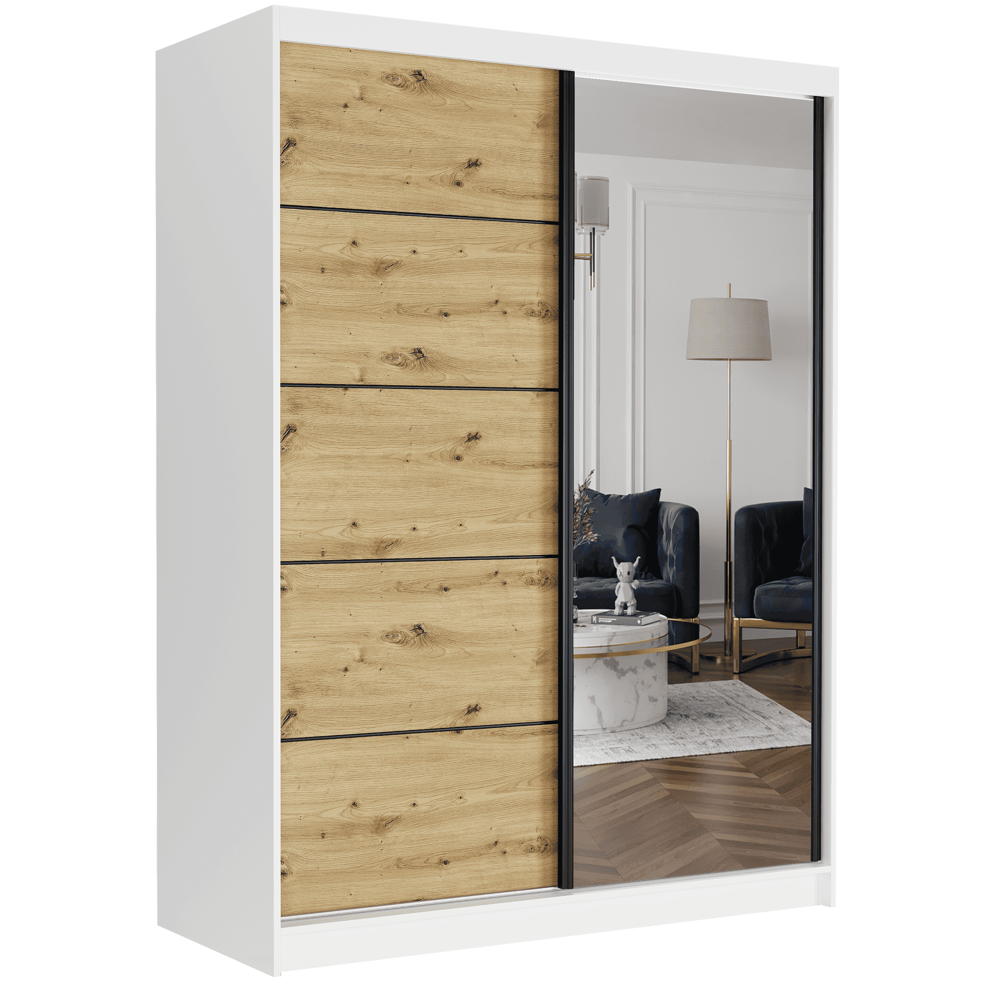 Posuvná skriňa Rivano IA 150 cm biela so zrkadlom 2-dverová artisan čierne priečky