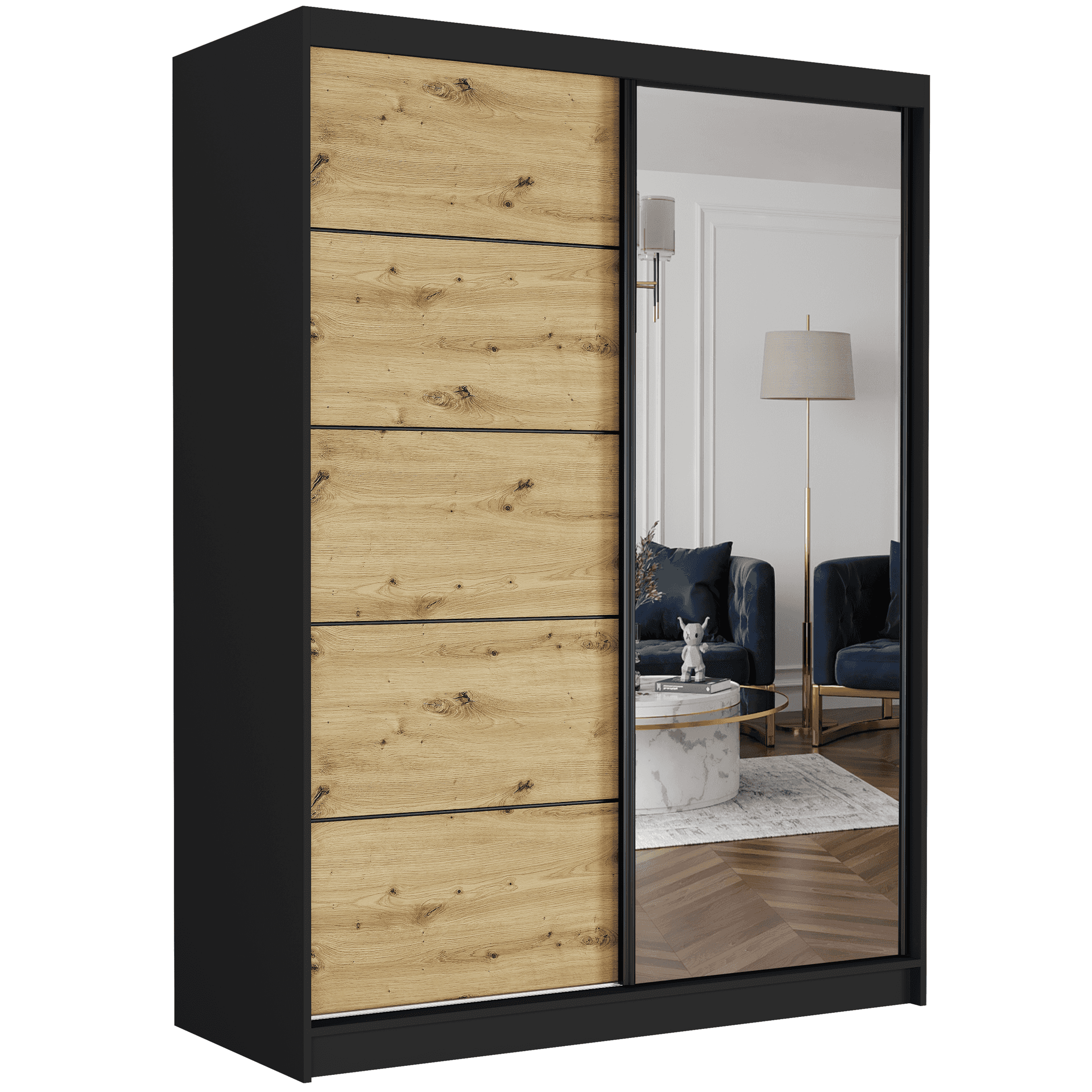 Posuvná skriňa Rivano IA 150 cm čierna s zrkadlom 2-dverová artisan čierne priečky