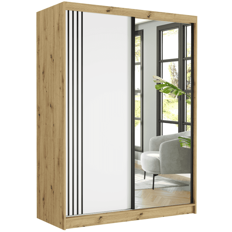 Posuvná skriňa Rivano V 150 cm artisan so zrkadlom 2-dverová biela čierne priečky