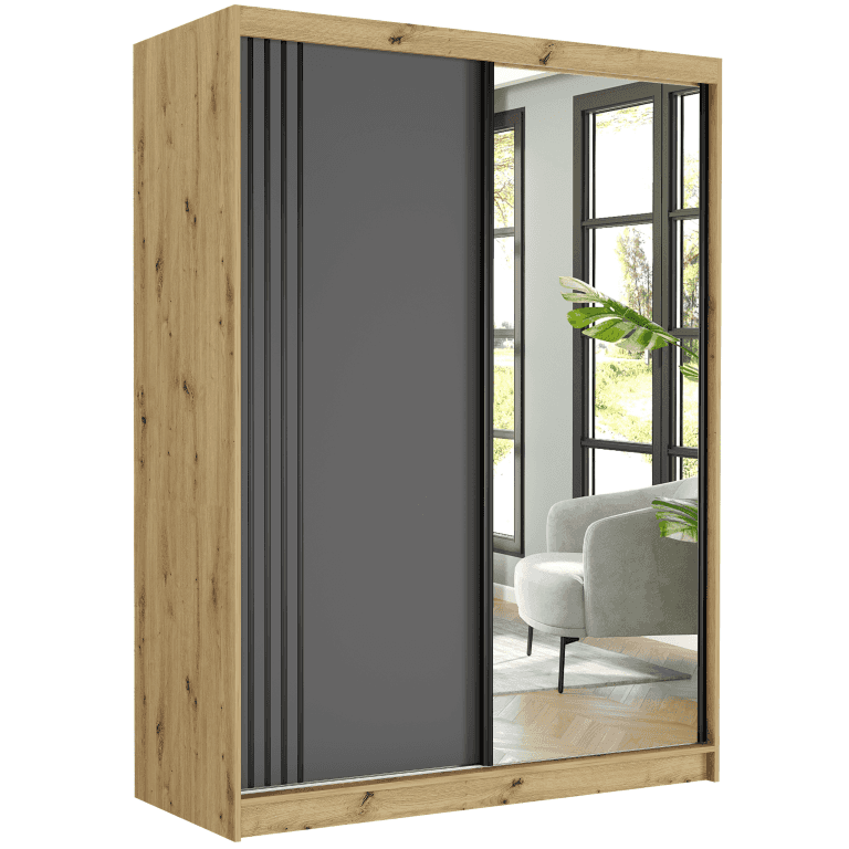 Posuvná skriňa Rivano V 150 cm artisan so zrkadlom 2-dverová antracit čierne priečky