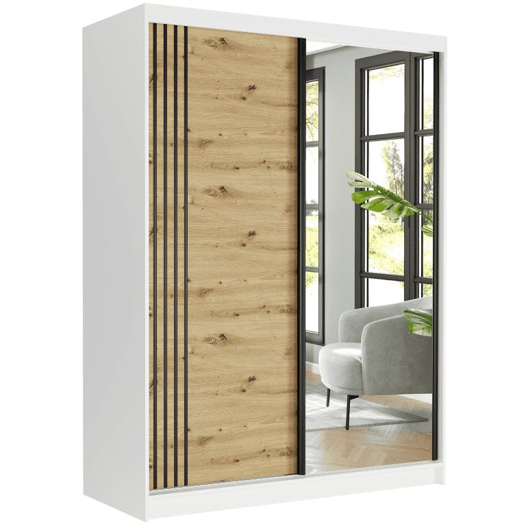 Posuvná skriňa Rivano V 150 cm biela so zrkadlom 2-dverová artisan čierne mriežky