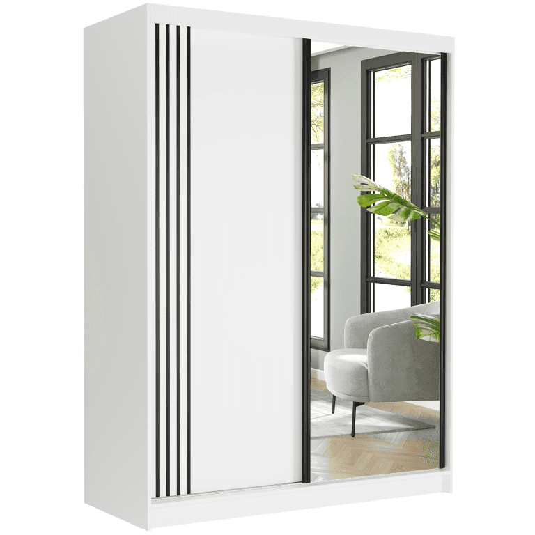 Moderná posuvná skriňa so zrkadlom 150 x 200 x 60 cm biela so zrkadlom - Rivano V