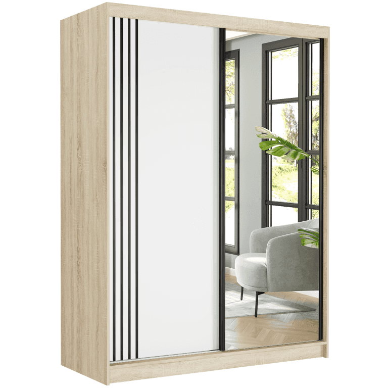 Posuvná skriňa Rivano V 150 cm sonoma s zrkadlom 2-dverová biela čierne priečky