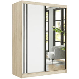 Posuvná skriňa Rivano V 150 cm sonoma s zrkadlom 2-dverová biela čierne priečky