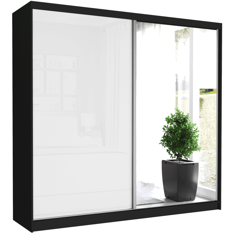 Posuvná skriňa Selvio V 233 cm čierna so zrkadlom 2-dverová biely pololesk