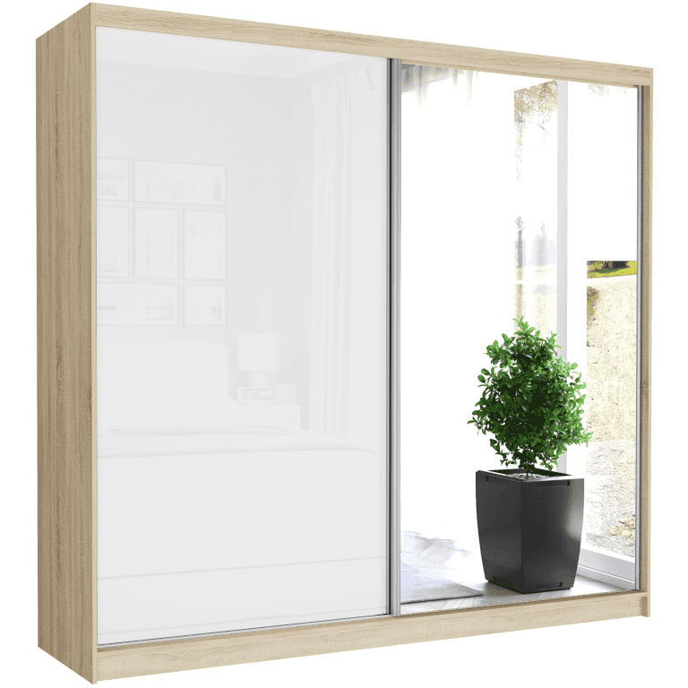 Posuvná skriňa Selvio V 233 cm sonoma s zrkadlom 2-dverová biela pololesk