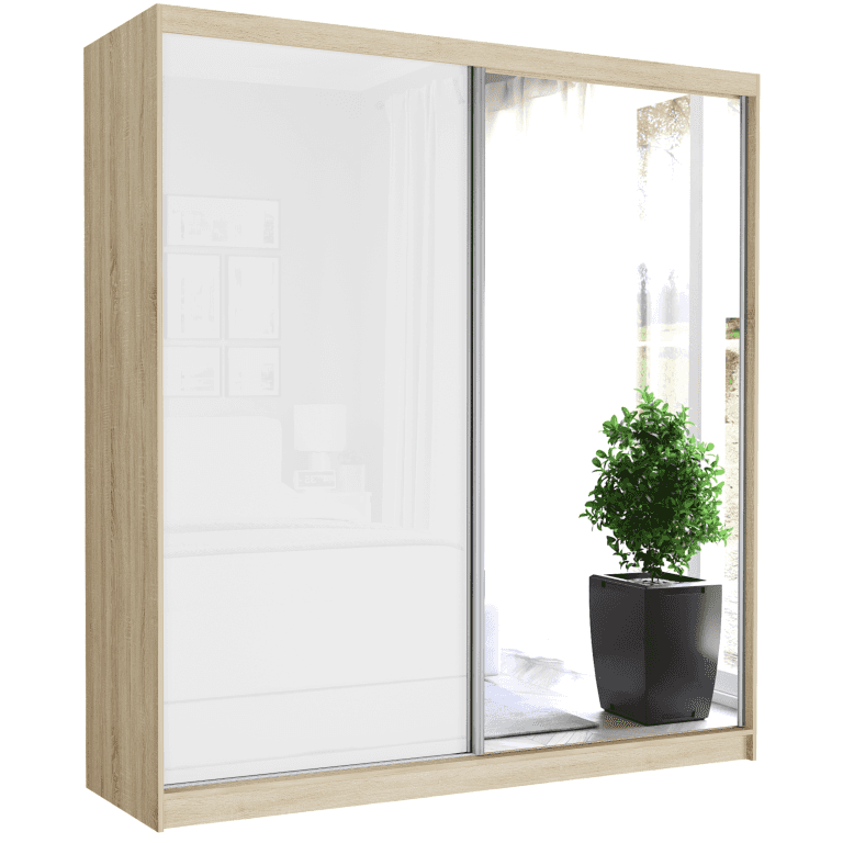 Posuvná skriňa Tivaro V 203 cm sonoma s zrkadlom 2-dverová biela pololesk