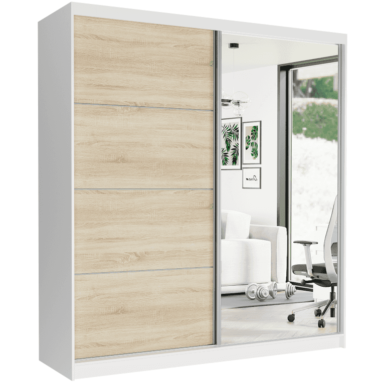 Posuvná skriňa Tivaro VIII 203 cm biela so zrkadlom 2-dverová sonoma strieborné priečky